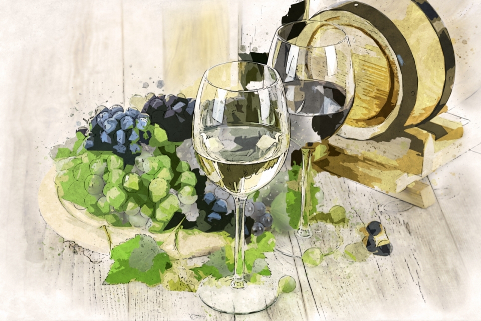葡萄与葡萄酒的静物水彩写生