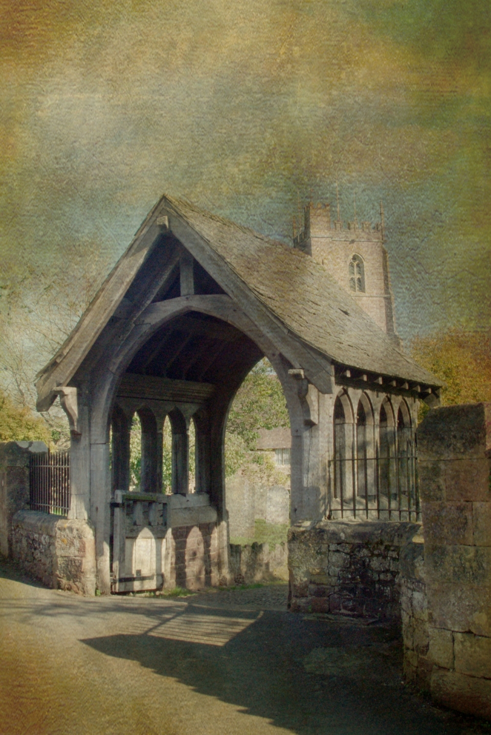手绘风英国邓斯特教堂建筑入口