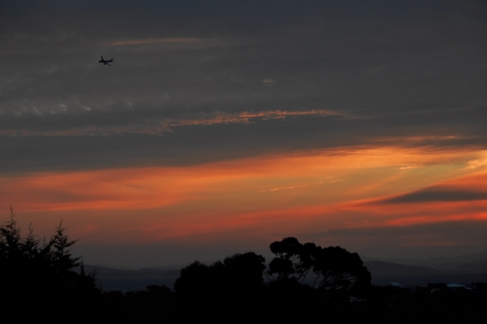 飞机晚霞落日山天龙树木