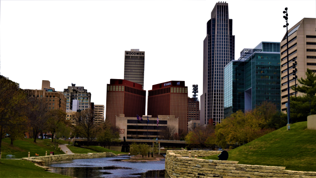 城市高楼建筑边的河流植物