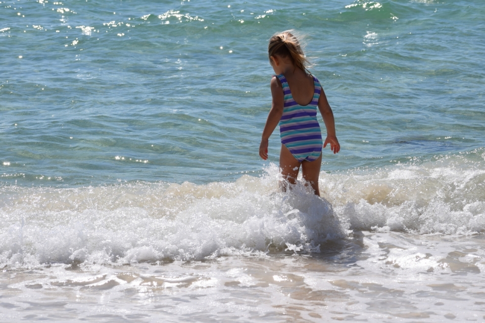 阳光沙滩大海边的玩耍的泳装小女孩