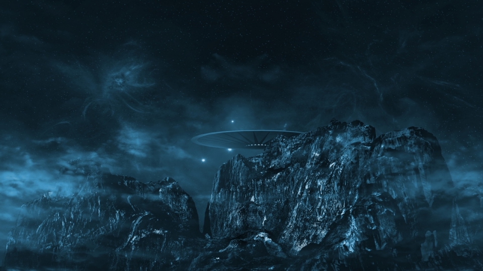 深蓝夜空山脉上漂浮着飞船科幻创意设计