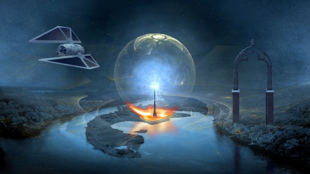 一颗未知美丽星球中心灯泡装的防护罩