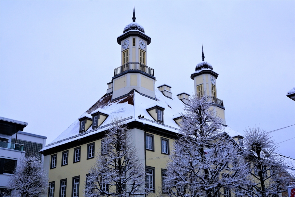建筑摄影_寒冷冬天雪后房屋建筑白色屋顶