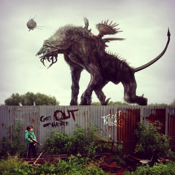 围墙后拿枪小男孩和墙外的大怪兽