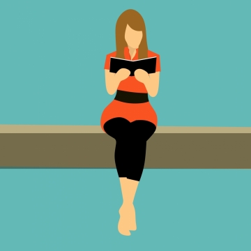 坐在围栏上专心看书的红衣女子卡通形象