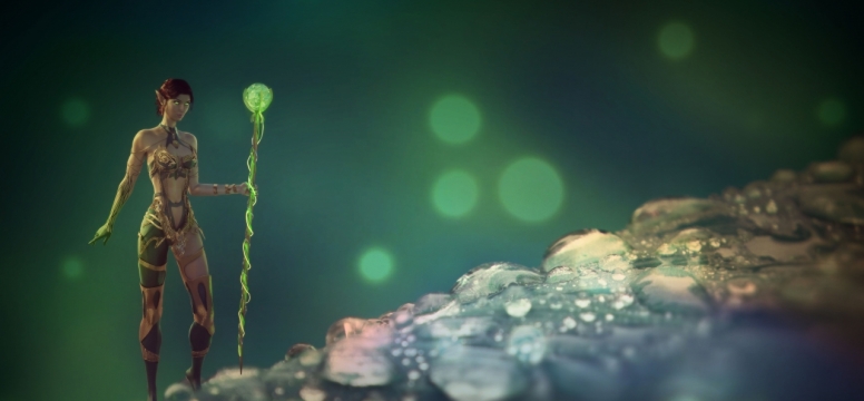 举着绿色魔杖的精灵女巫师