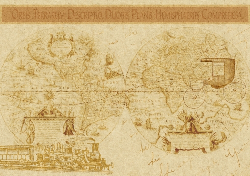 地球仪马车人羊皮纸英文图绘