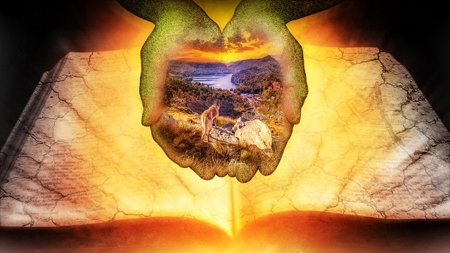 一双手从发光的书本中捧出美丽的景色