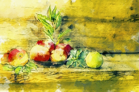 木板果盘中青红苹果手绘