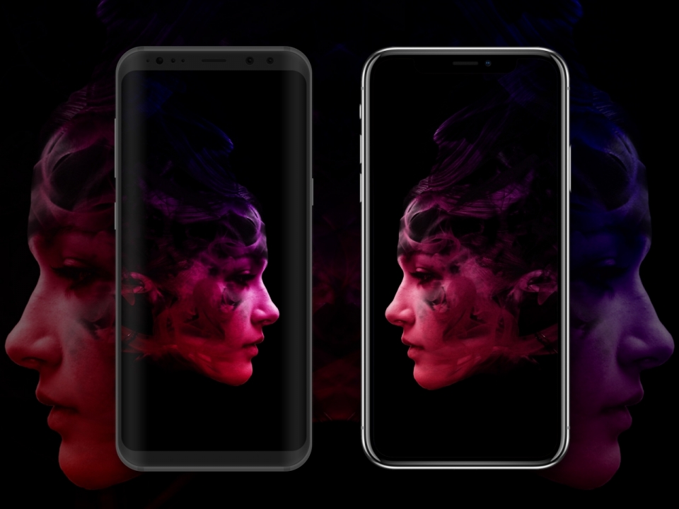 黑色背景智能手机屏幕创意侧面女性图案