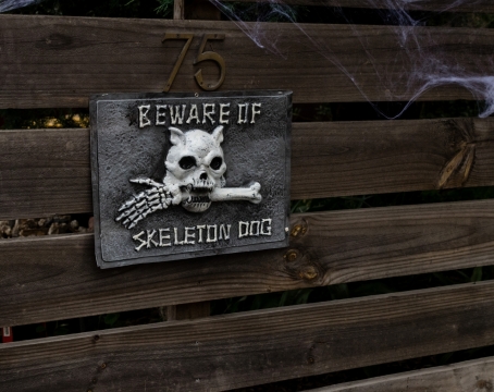室外木质墙壁带骷髅图案金属装饰