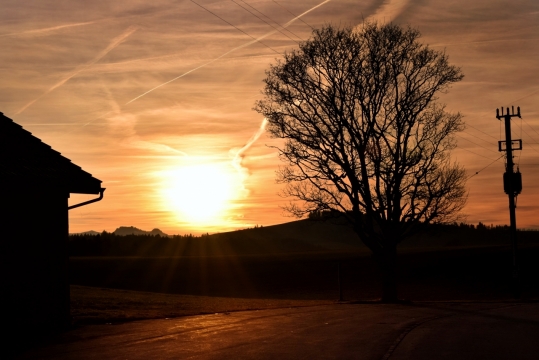 夕阳照射村庄黑暗剪影风光
