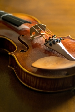 室内桌面木制复古小提琴拉弦板特写