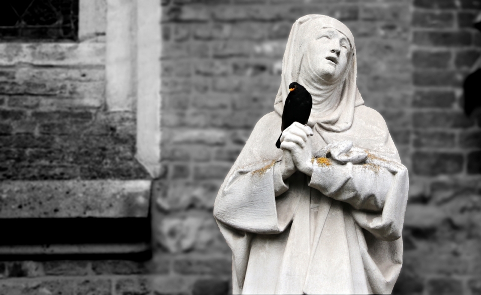 黑鸟落在了双手交叉的修女石头雕像