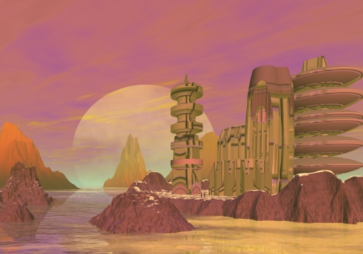 落日下海滩岩石和高塔水彩画