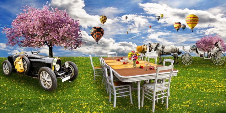 户外汽车草地桌椅创意合成美图