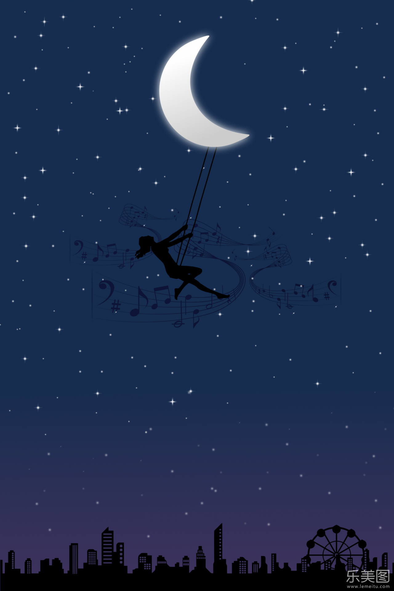 星空下在月亮上荡秋千的人卡通创意设计