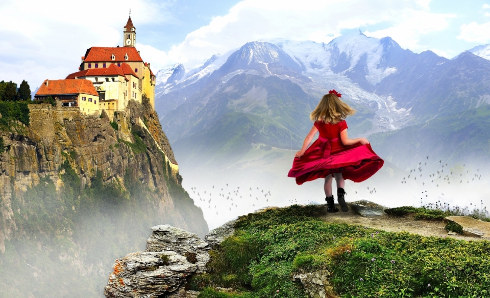 山顶悬崖边的房屋和穿红色裙子的小女孩