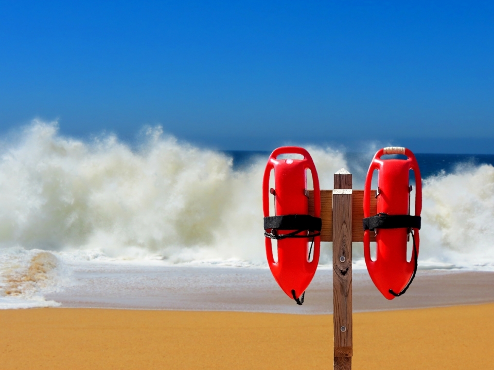 大海边沙滩木桩上红色救生器