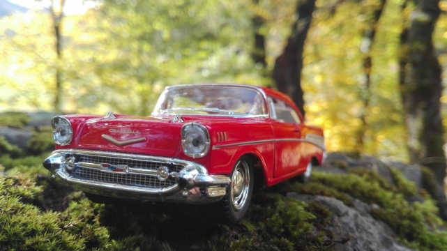 树林爬满藤蔓石头上的红色老爷车模型