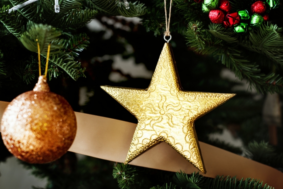 圣诞树上挂着的星型和圆形装饰