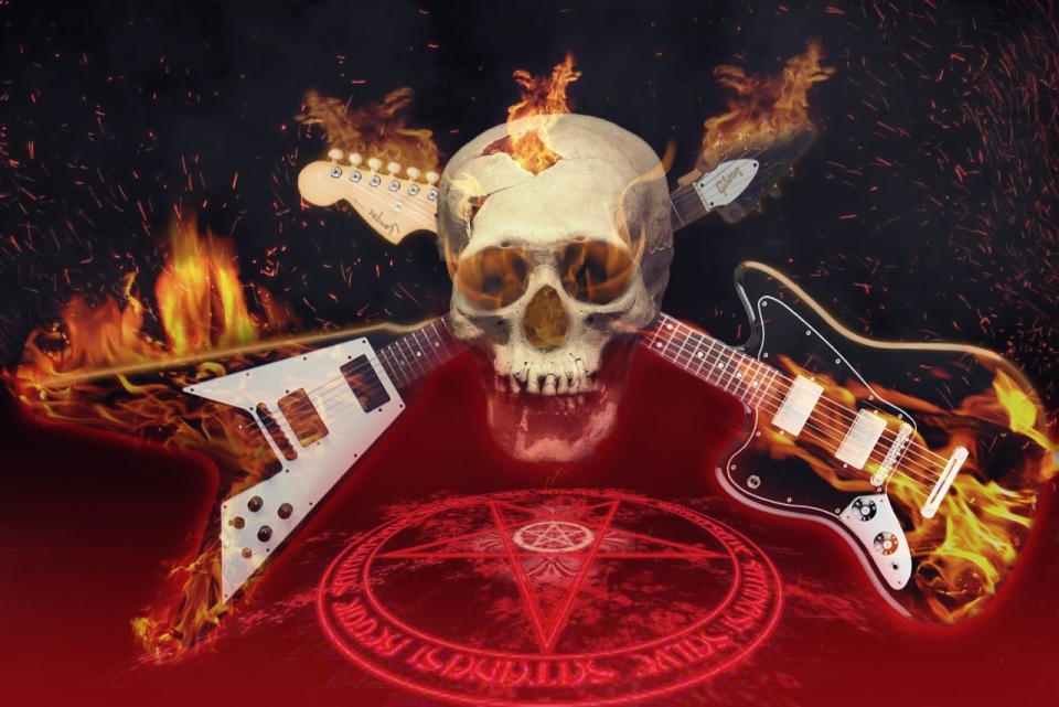 黑色背景魔法阵火焰特效合成骷髅吉他乐器