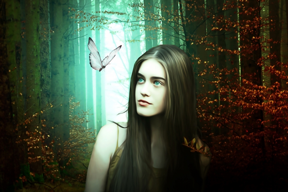 浓雾弥漫森林中长发女子和一只蝴蝶
