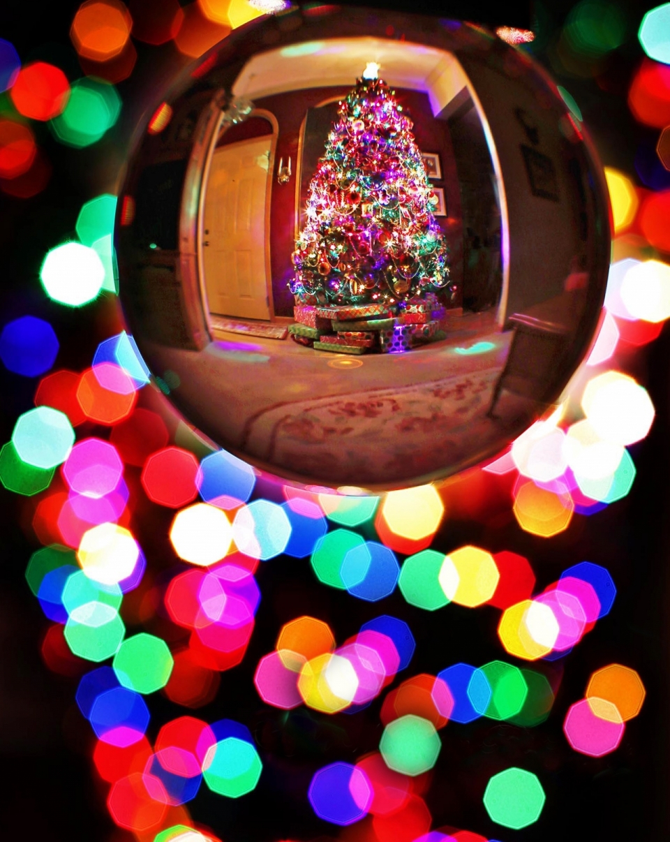 背景虚化水晶玻璃球中装饰精美的圣诞树