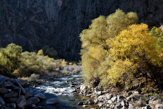 风景摄影_山下小溪边零星绿植风光外景
