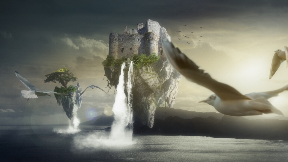 天空浮岛城堡瀑布飞鸽奇幻设计