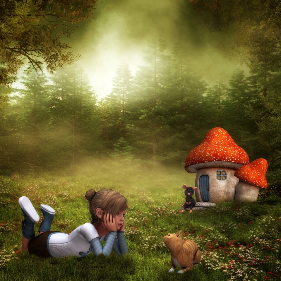 森林中的小女孩小猫老鼠及蘑菇屋