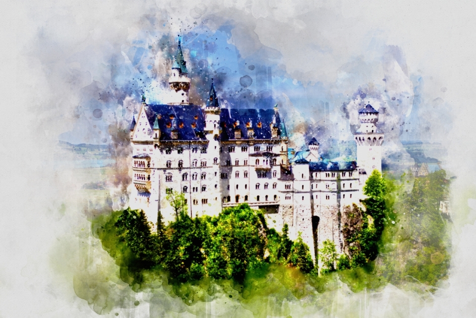 蓝色屋顶中世纪城堡手绘