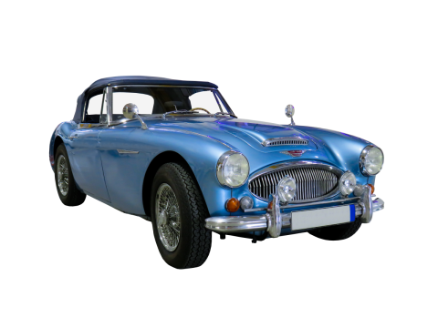 崭新蓝色老式轿车工业设计侧视