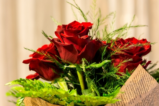 室内桌面摆放精致花篮花朵特写