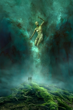 古老森林巨大树木浮现女性精灵