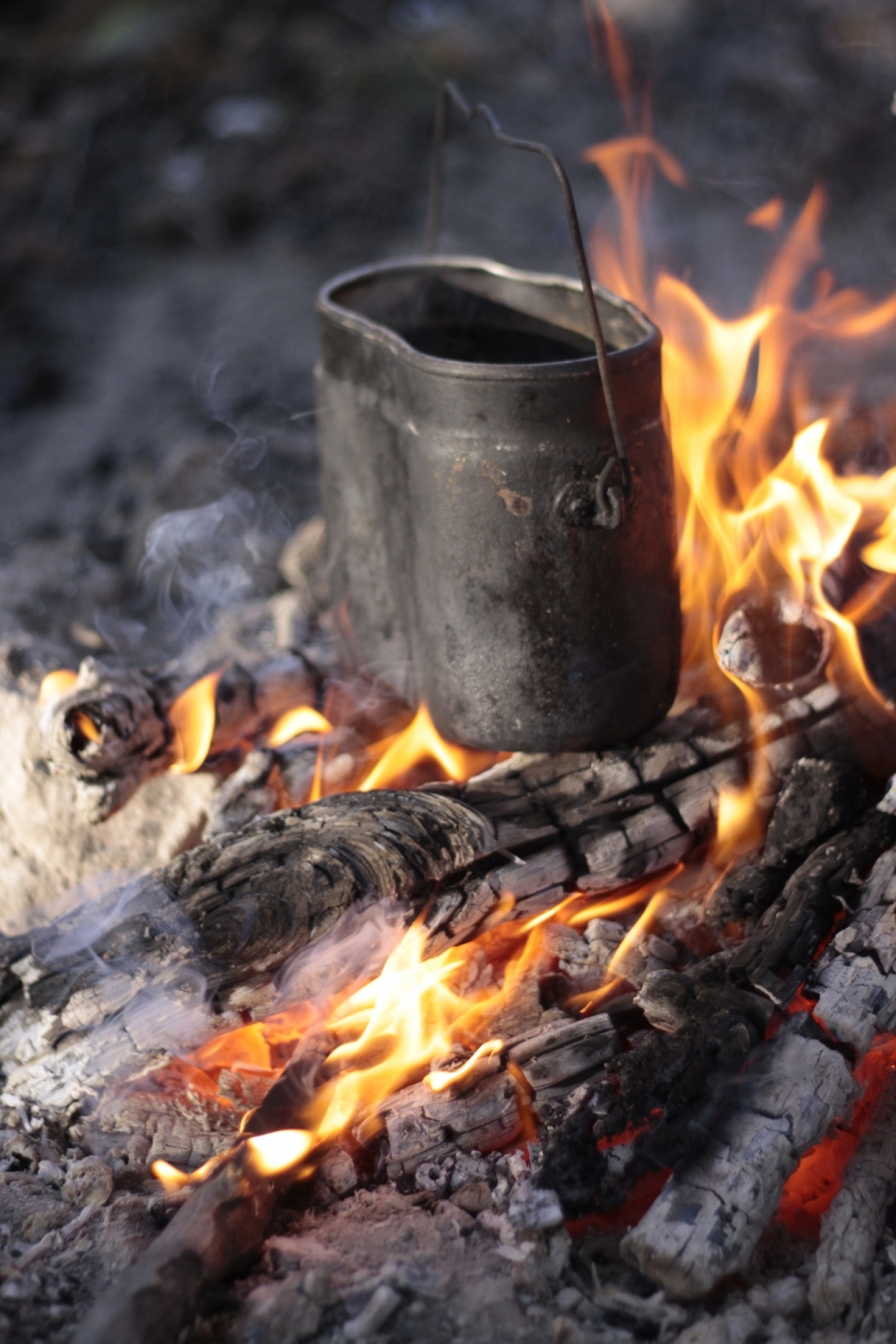 铁质锅木头燃烧野外料理