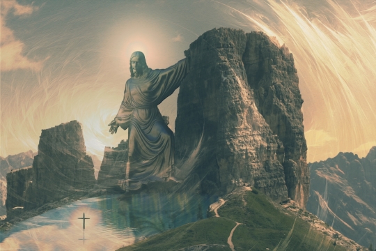 傍晚户外岩石边巨大耶稣石质雕像奇幻设计