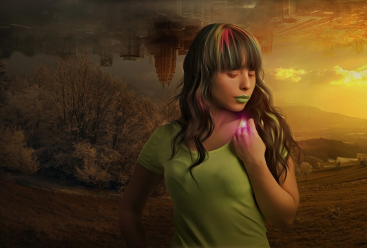 彩色长发美女科幻背景人像