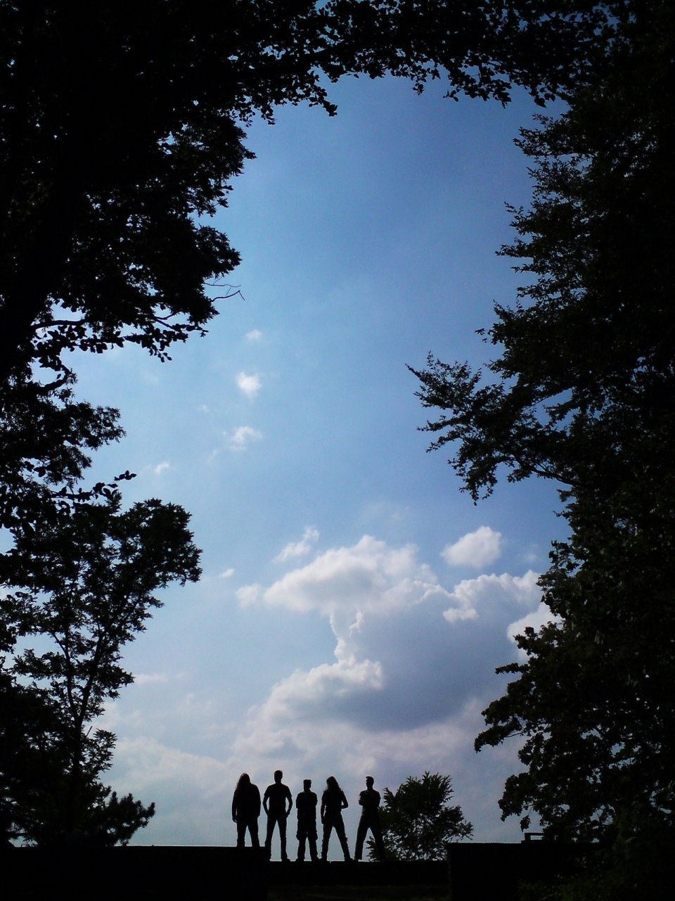 自然树木间蓝色天空云朵前游客剪影
