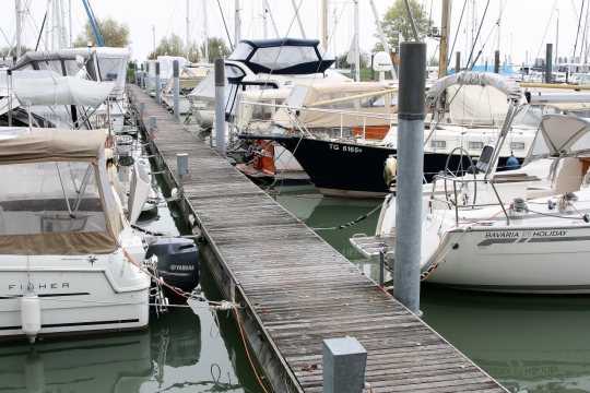 海边码头旁停放的一艘艘游艇摄影