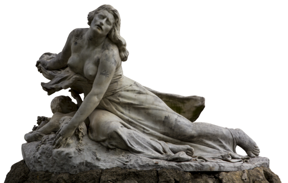 长发女性遮蔽儿童石质雕像