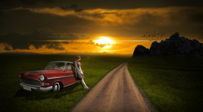 傍晚天空自然户外路边轿车女性