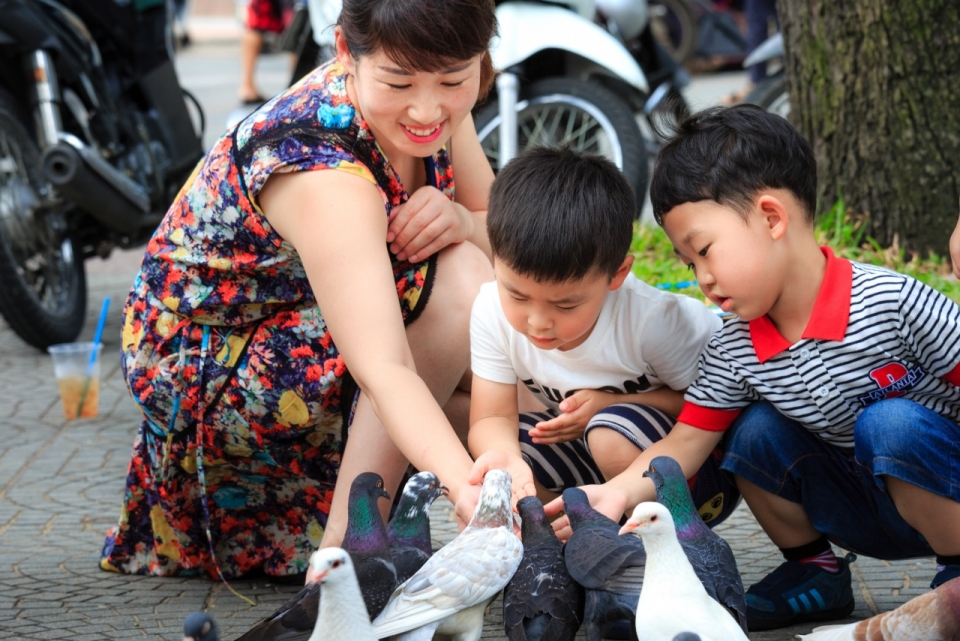 广场上喂鸽子的母亲与孩子