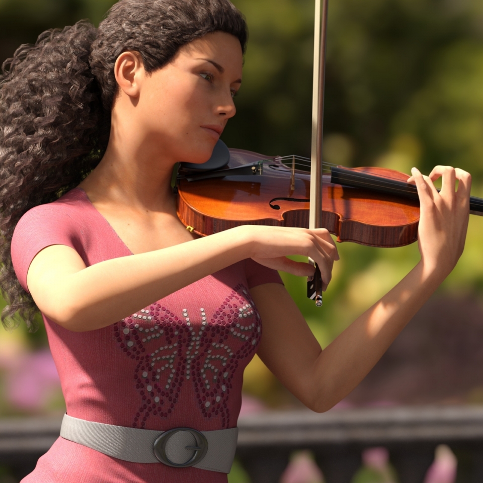 阳光下粉色衣服的拉小提琴女子