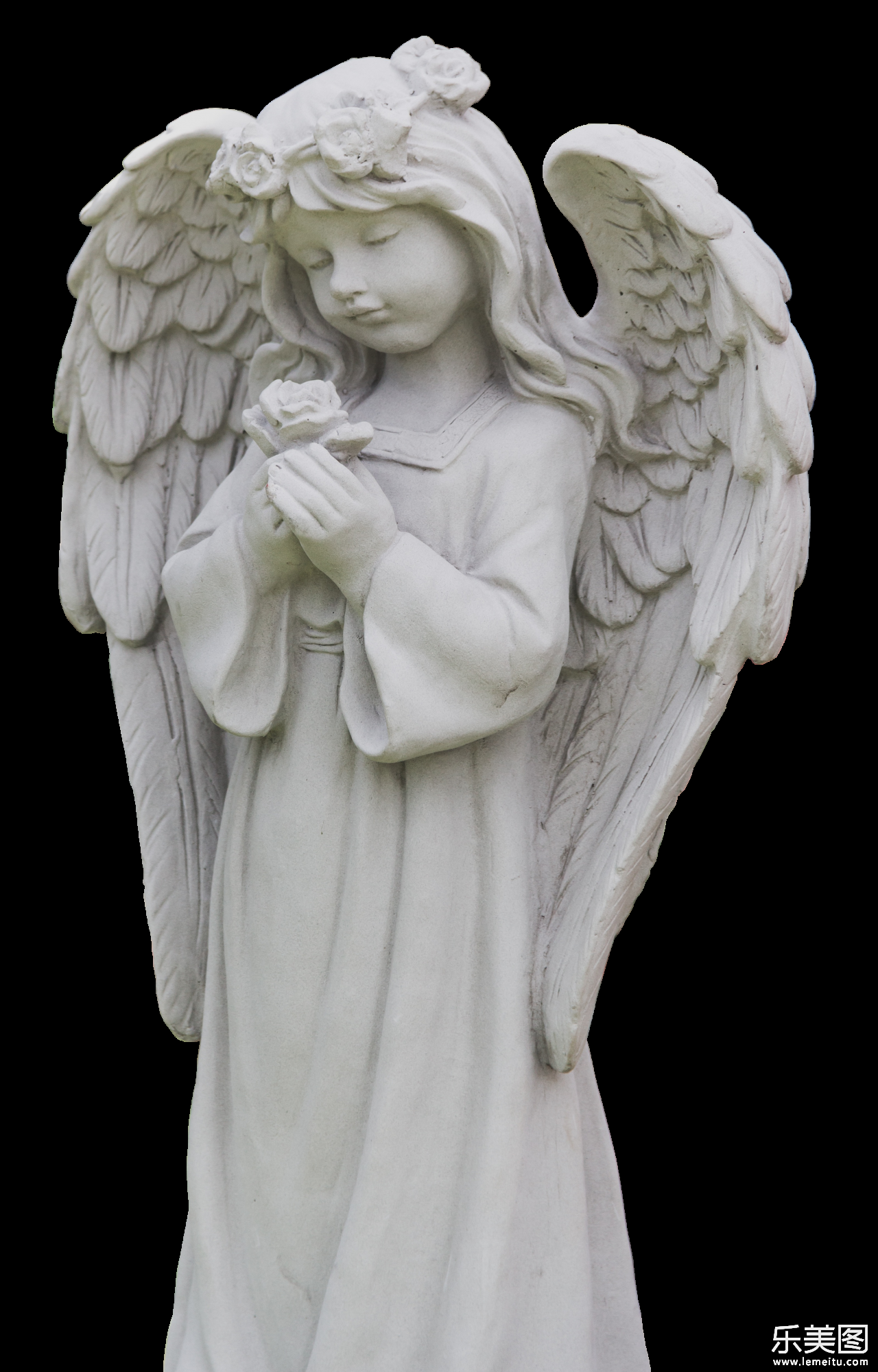 拿着鲜花的小女孩天使石头雕像