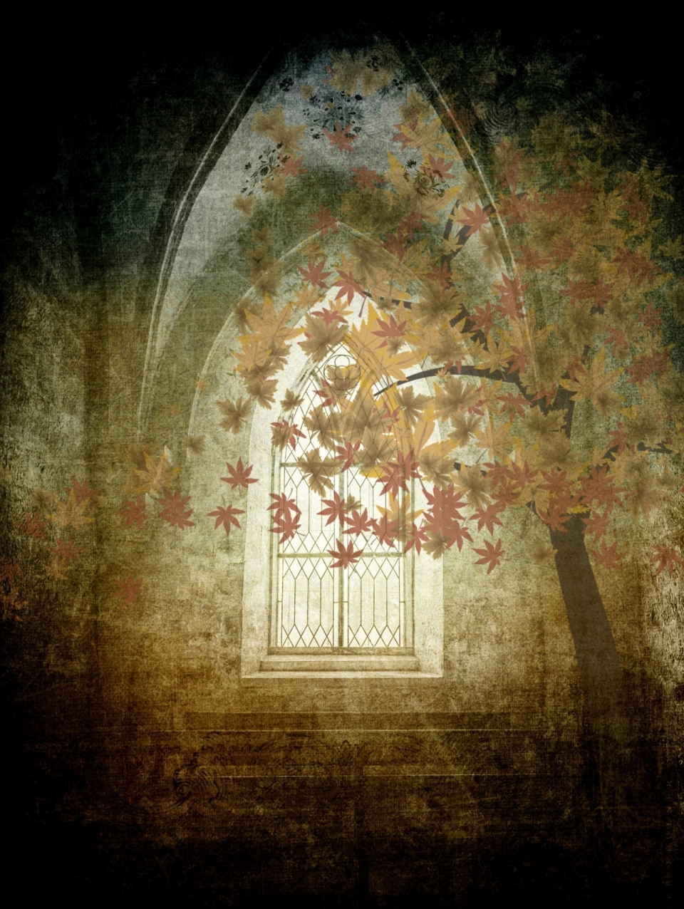 教堂里的秋天枫叶和树木