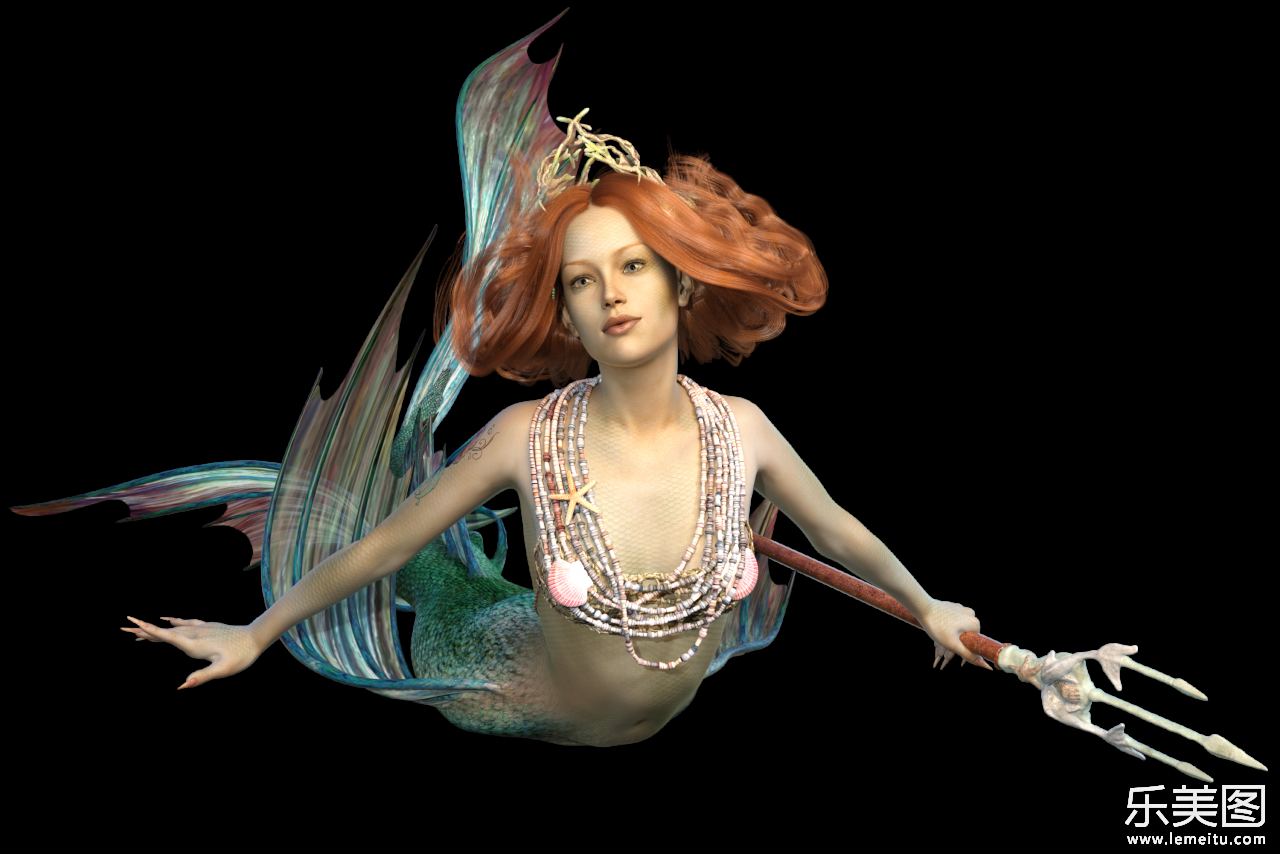 纯色背景中拿着三叉戟的美人鱼插画