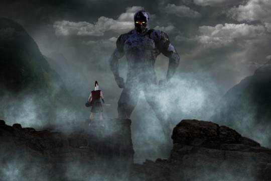 斯巴达勇士和恐怖巨人创意插画