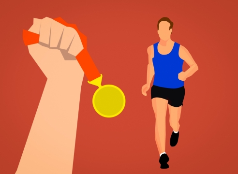 跑步运动员与握着金牌的手卡通创意